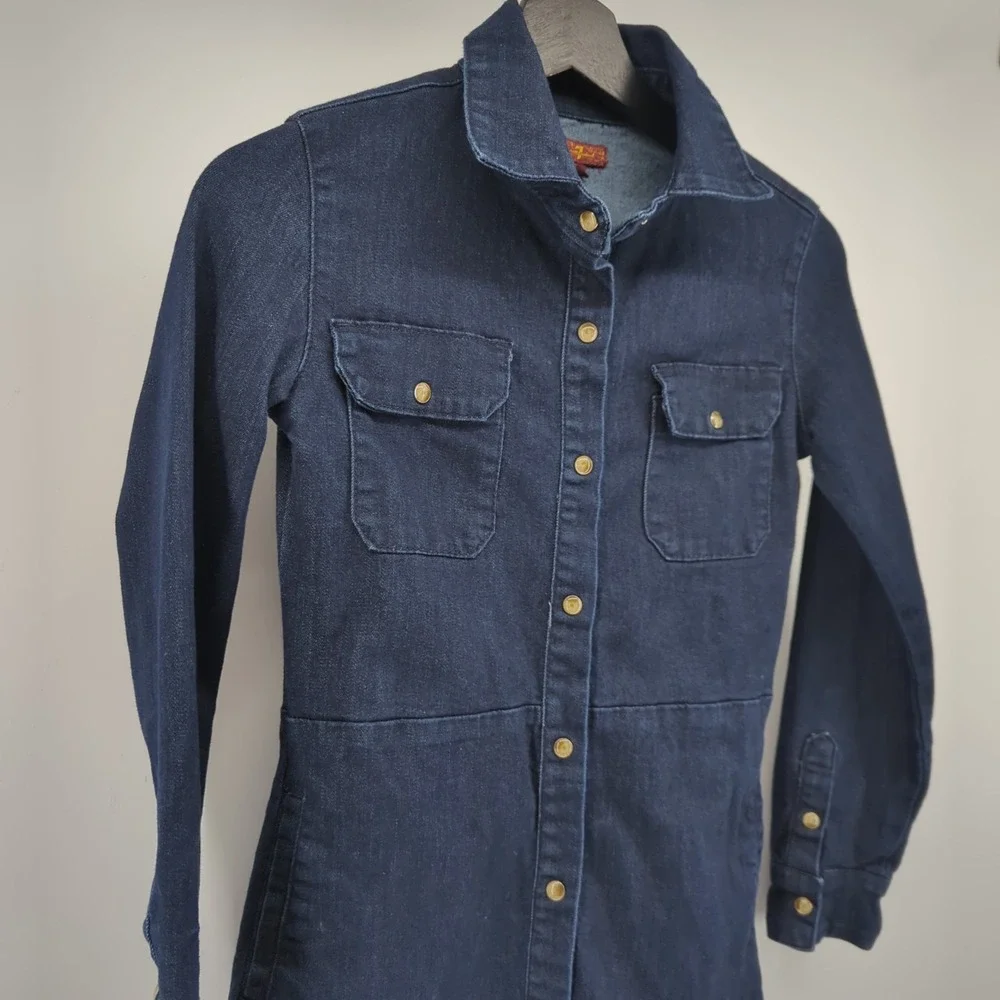 Seven For All Mankind Girls Dress Medium Dark Blue Denim Long Sleeve Button Snap